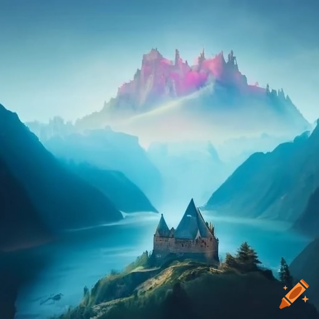 Glistening crystal castle between two distant mountains with river