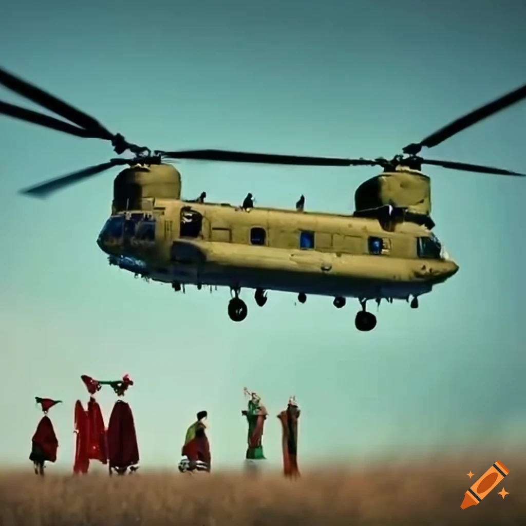 The Three Wise Men carrying gifts in a Boeing CH-47 Chinook helicopter