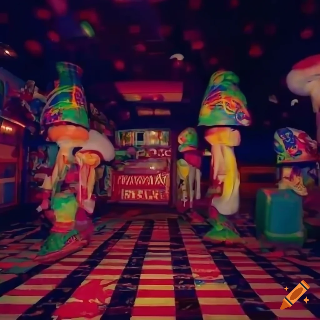 Abandoned Chuck E Cheese with chess style floor, sugary popcorn, and pizza remnants