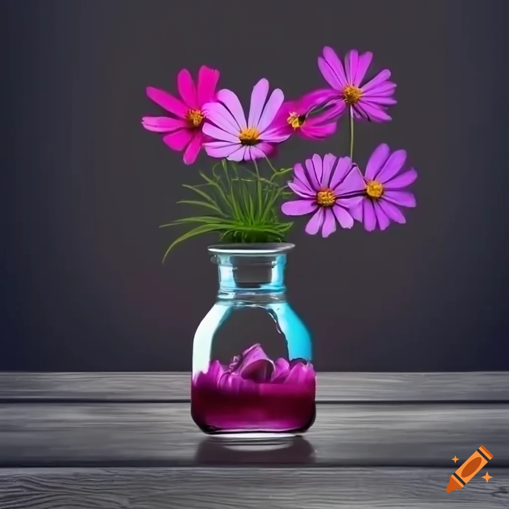 Vibrant cosmos flowers in colored glass jar on black wood table on Craiyon