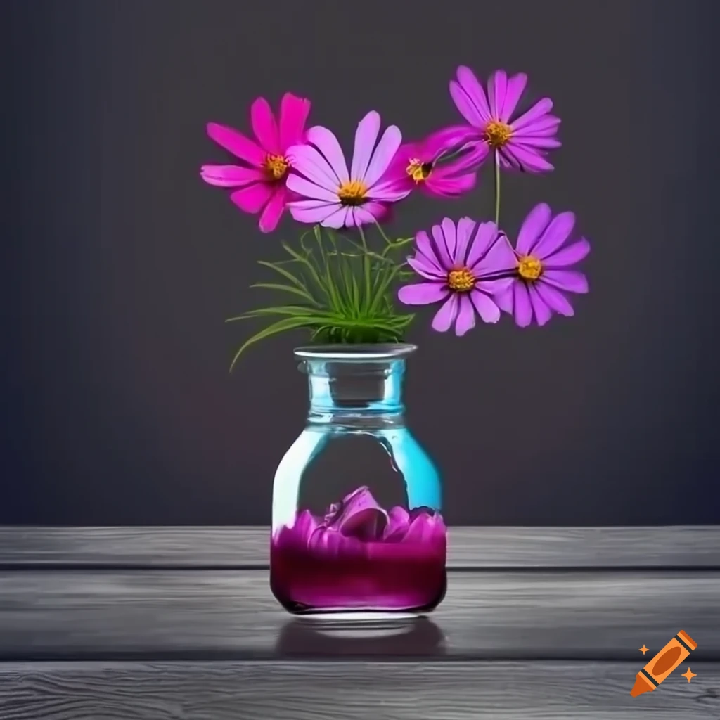 Vibrant Cosmos flowers in colored glass jar on black wood table