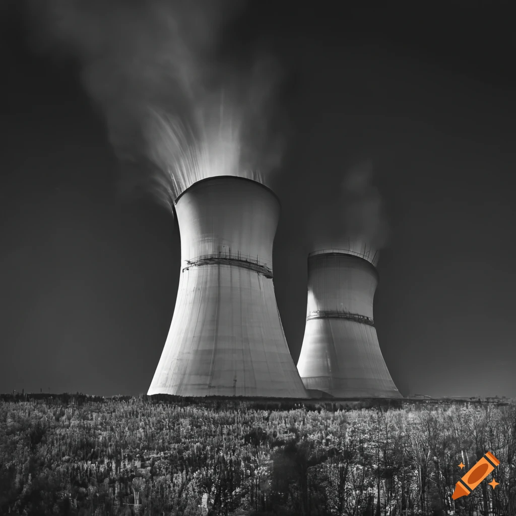 Black and white photo of a nuclear power plant on Craiyon