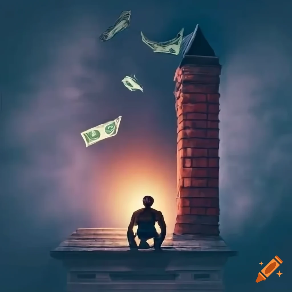 Man sitting in front of a decrepit mansion at night with money flowing out of the chimney