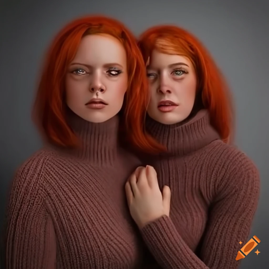 Hyper realistic illusion of connected red-haired women hugging