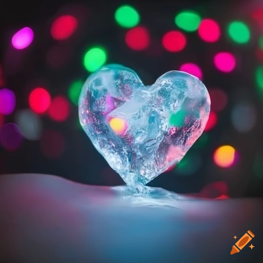 Glowing ice heart in mitts with colorful bokeh background