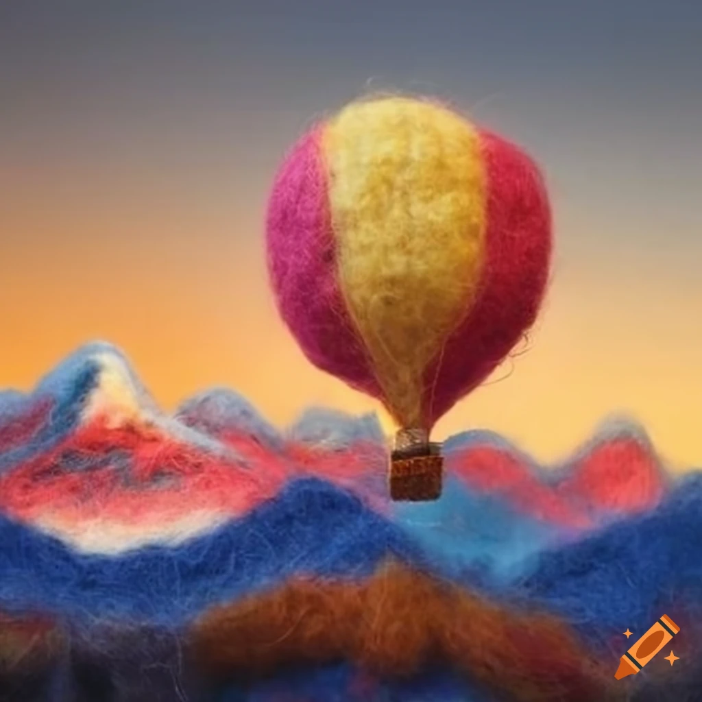 Hot air balloon against a sunset with mountains in a felted landscape