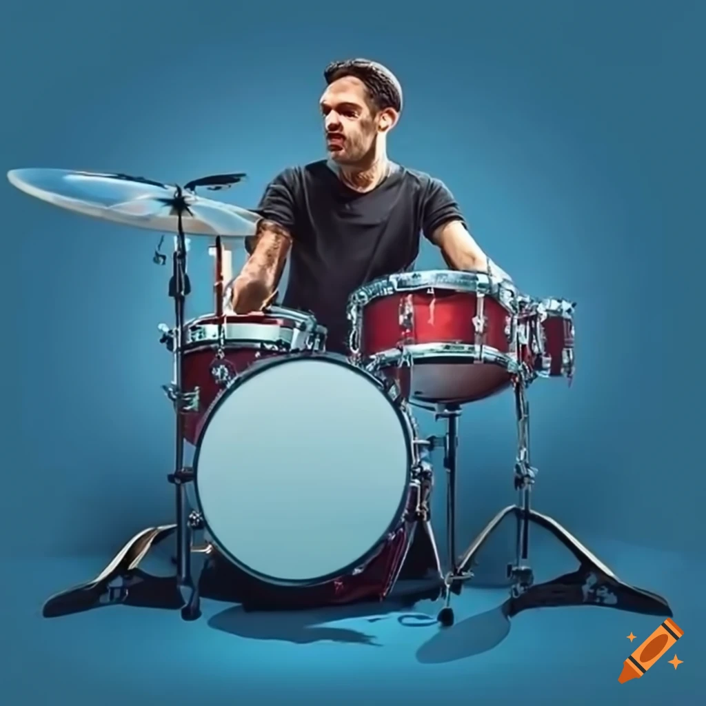 Rock drummer playing a 7piece drum kit outdoors on Craiyon