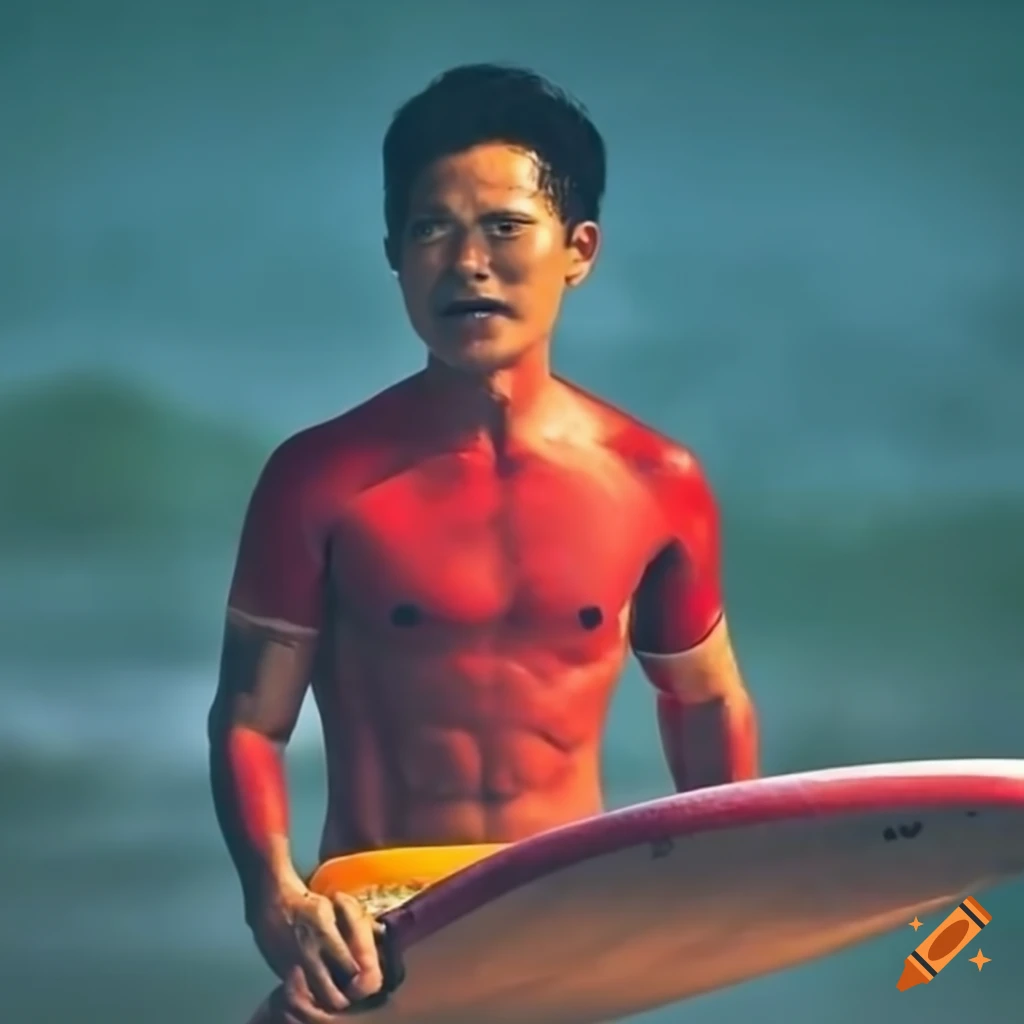 Surfer kingo riding waves in Vietnam with a red shirt