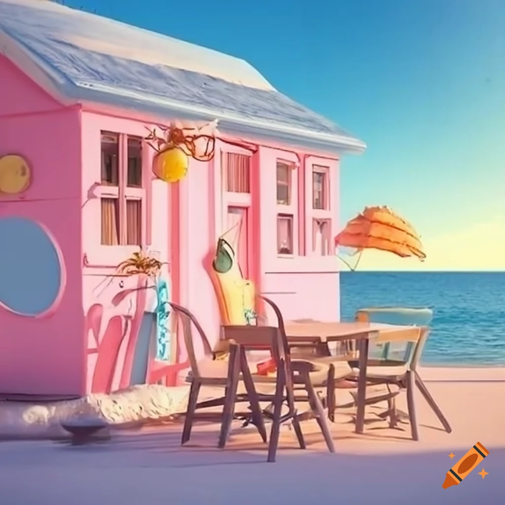 Pastel colored beach themed cafe exterior on Craiyon