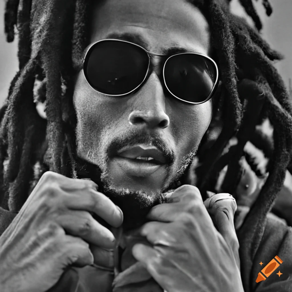Bob Marley sitting in a sofa chair with sunglasses