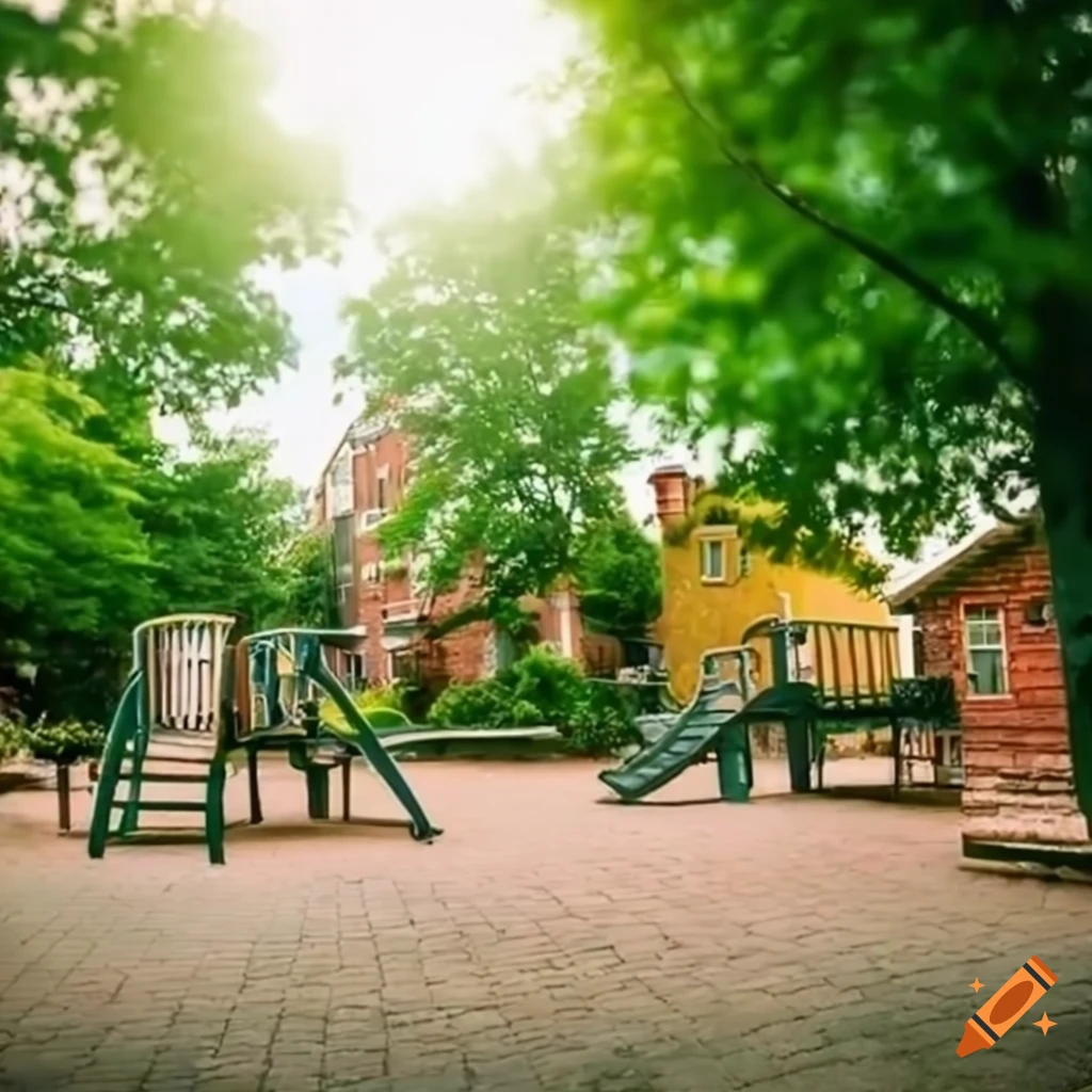Vintage playground in an idyllic neighborhood with charming homes and leafy streets