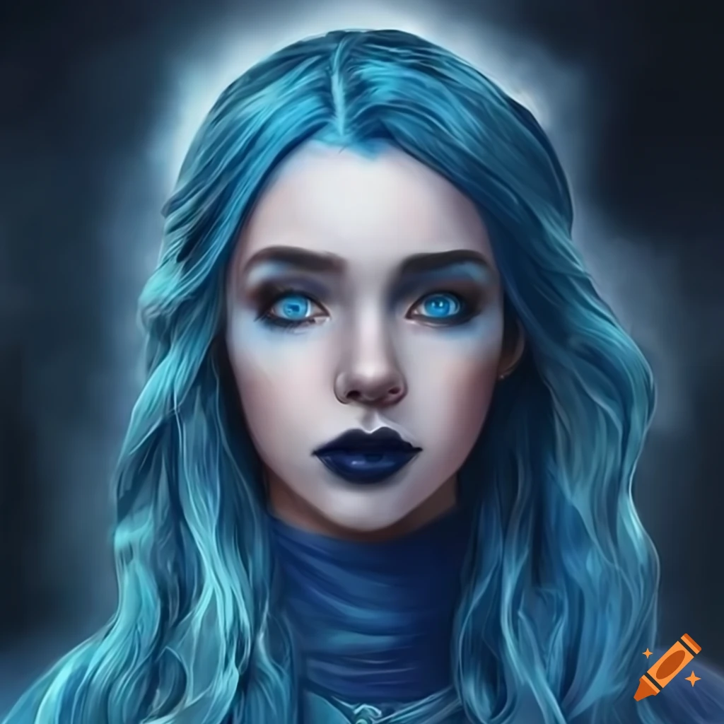 Fantasy Woman With Dark Blue Skin Blue Hair And Blue Eyes In Modest Clothing With Cloud 6443