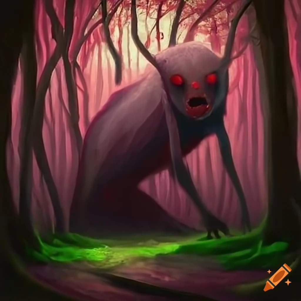 Mysterious creature among cherry blossom trees in a forest on Craiyon