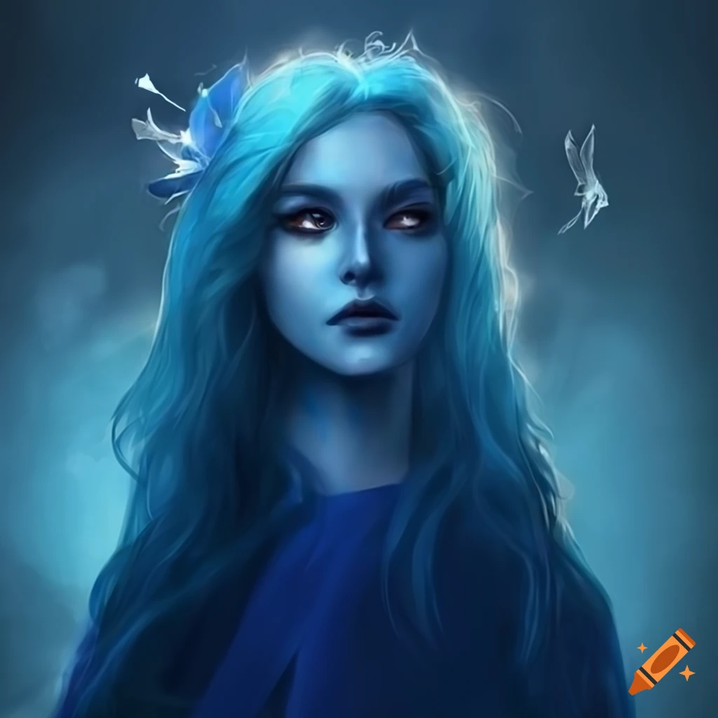 Fantasy Woman With Dark Blue Skin Blue Hair And Blue Eyes In Modest Clothing With Cloud 3316