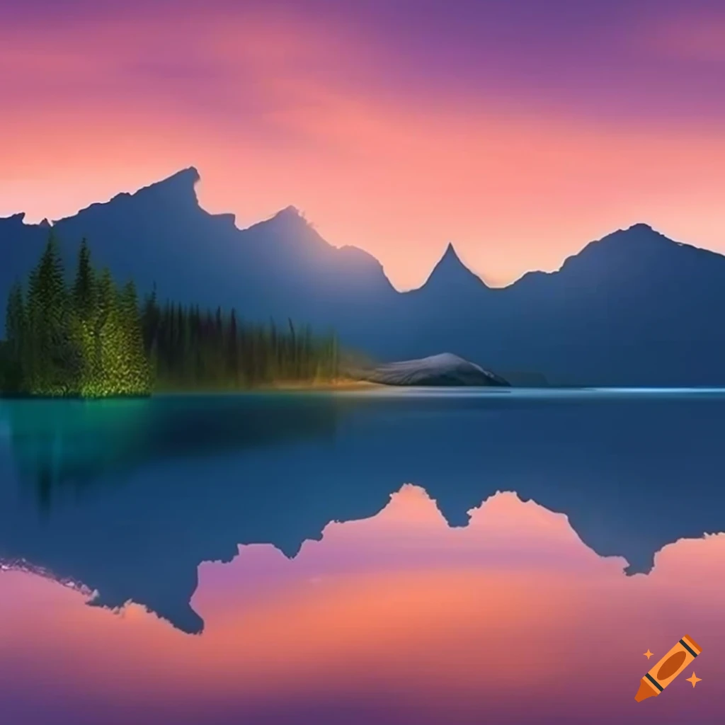 Integrate a breathtaking 🌅 mountain lake at sunset, with ultra-high ...