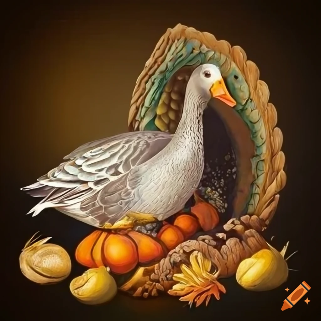 Portrait of a gray goose surrounded by a cornucopia in ancient art mosaic glazed design