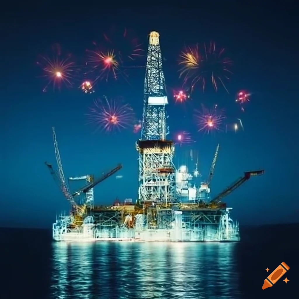 Jack up oil rig with fireworks on Craiyon