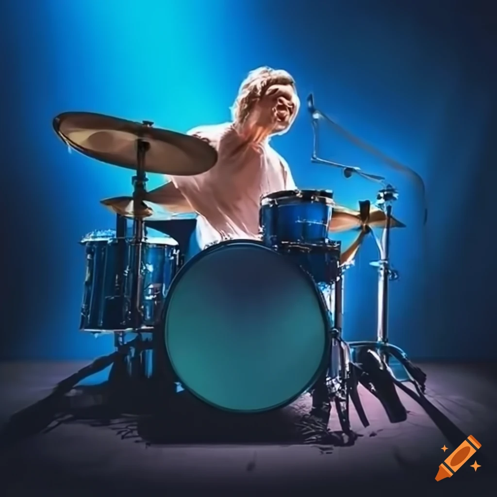Rock drummer playing a 7-piece drum kit outdoors