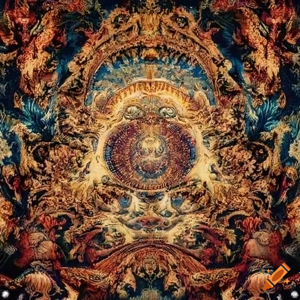 Intricate tapestry illustrating the vastness of the cosmos and the creation and destruction of multiple universes