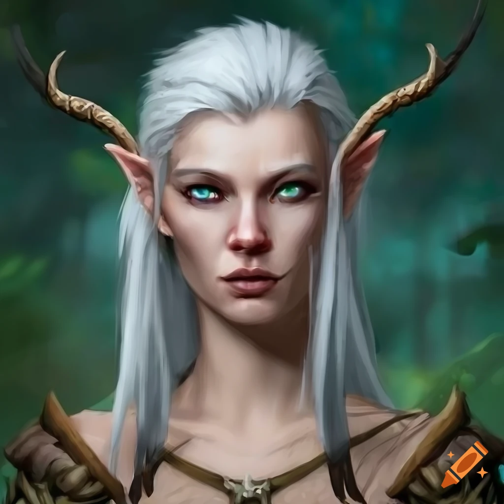 Headshot of a white-haired female elf druid with grey eyes and bronze ...