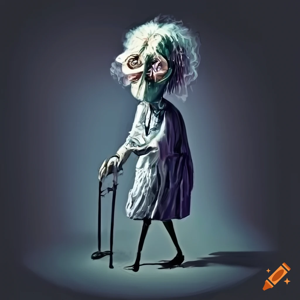 Eccentric elderly lady with crutch in Tim Burton style