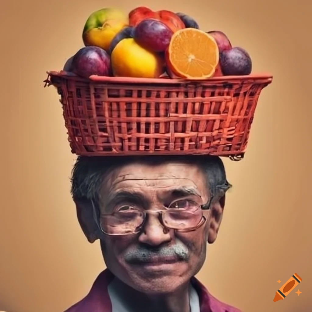 Man carrying a red basket of fruits on his head on Craiyon