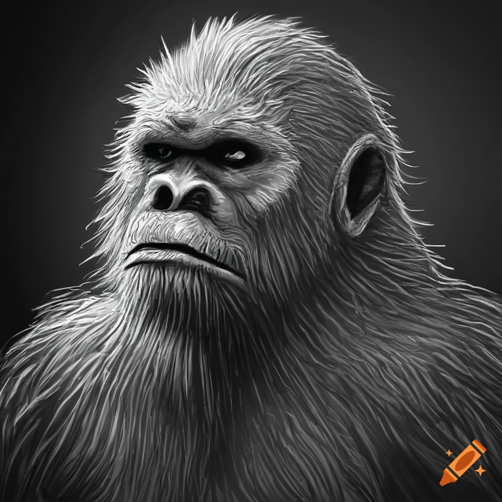 Detailed black and white closeup sketch of bigfoot with a conehead on