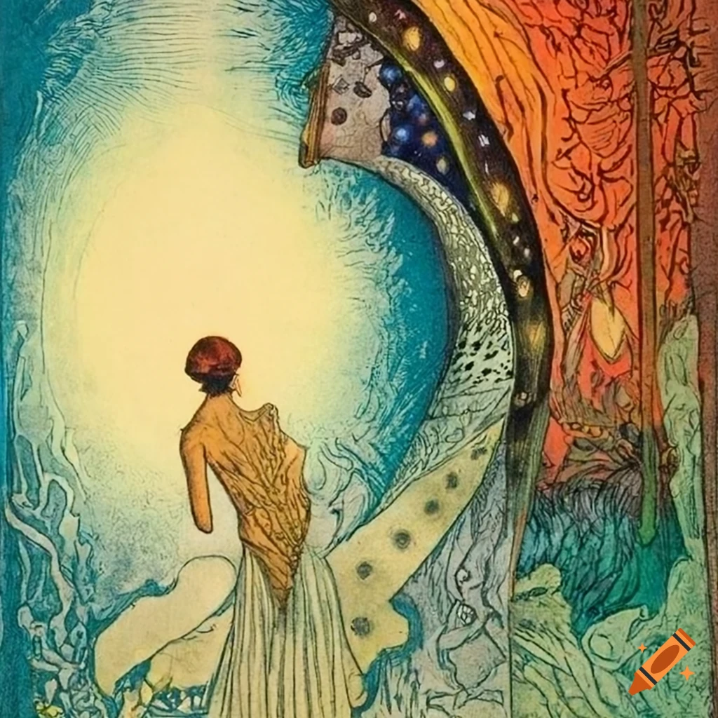 Science fiction pulp magazine cover inspired by the Flammarion Engraving with a nonbinary human looking out