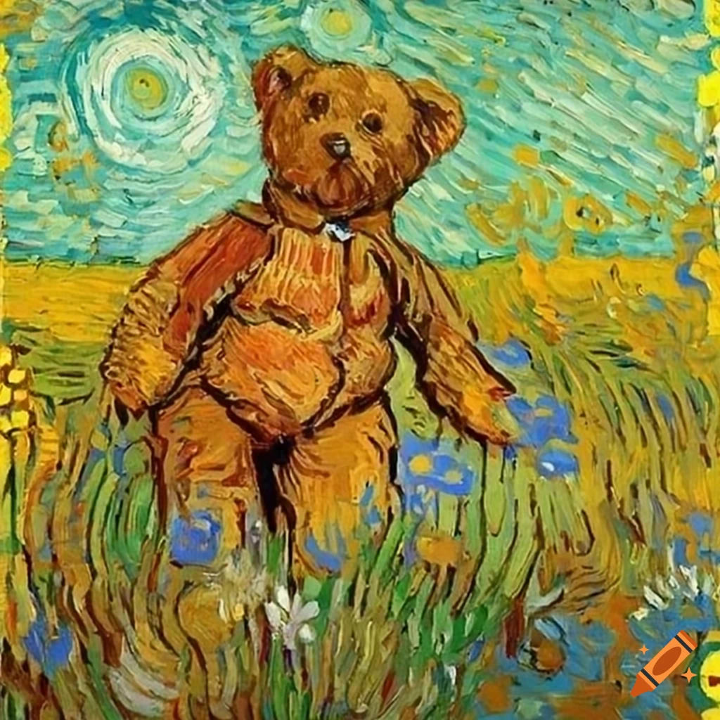Teddy bear in sunny meadow sniffing flowers, inspired by Vincent van Gogh