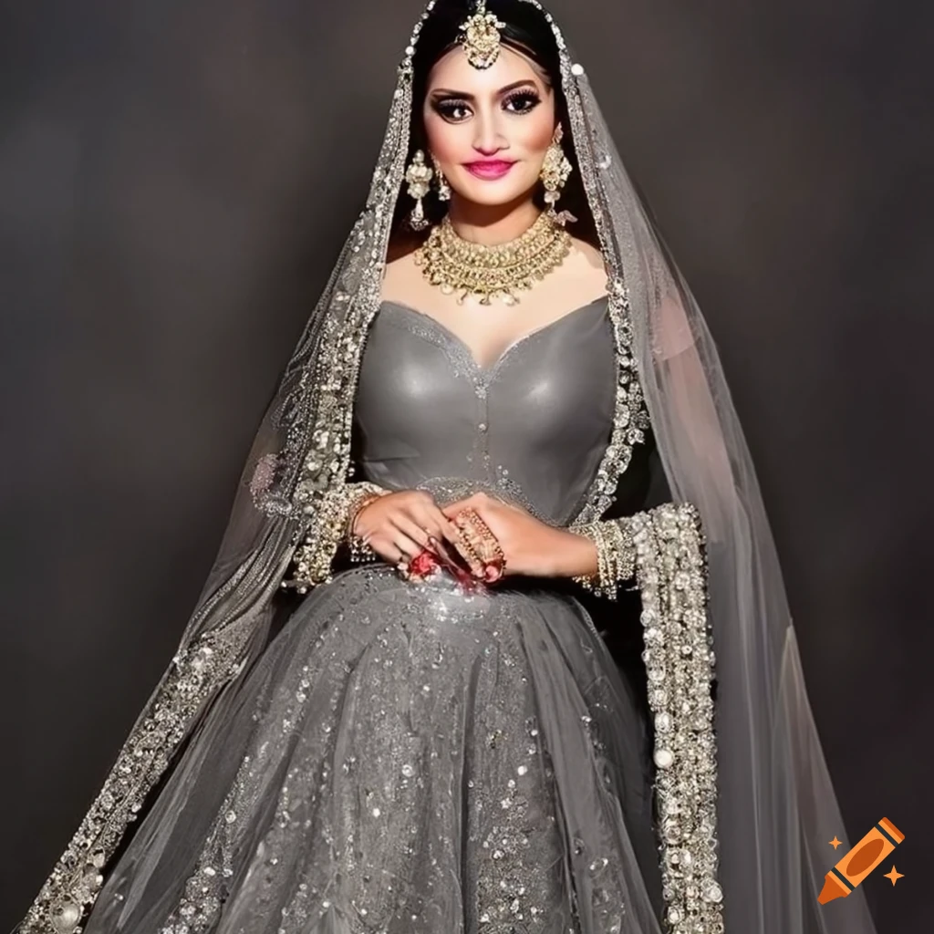 Pakistani bride in floor-length gray gown with pearl details and matching dupatta