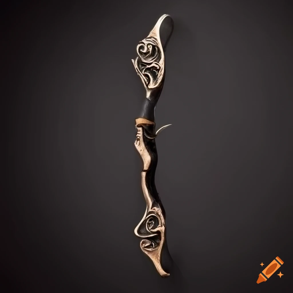 Intricately carved black steel longbow with raven designs on dark ...