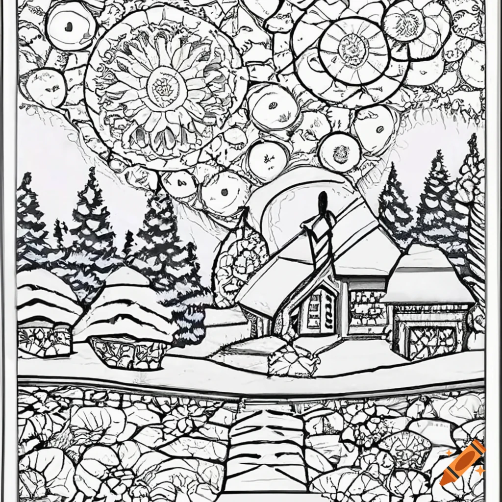 Winter landscape coloring sheet on Craiyon