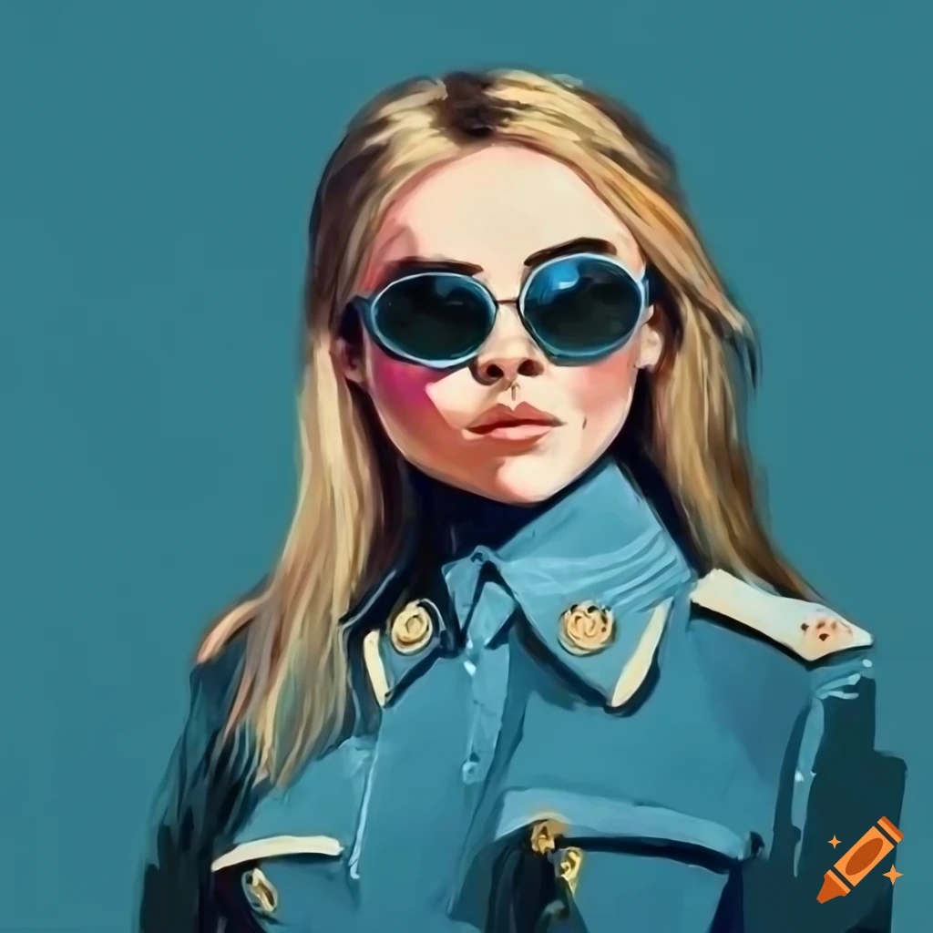 Sabrina carpenter in light blue military uniform and aviator sunglasses