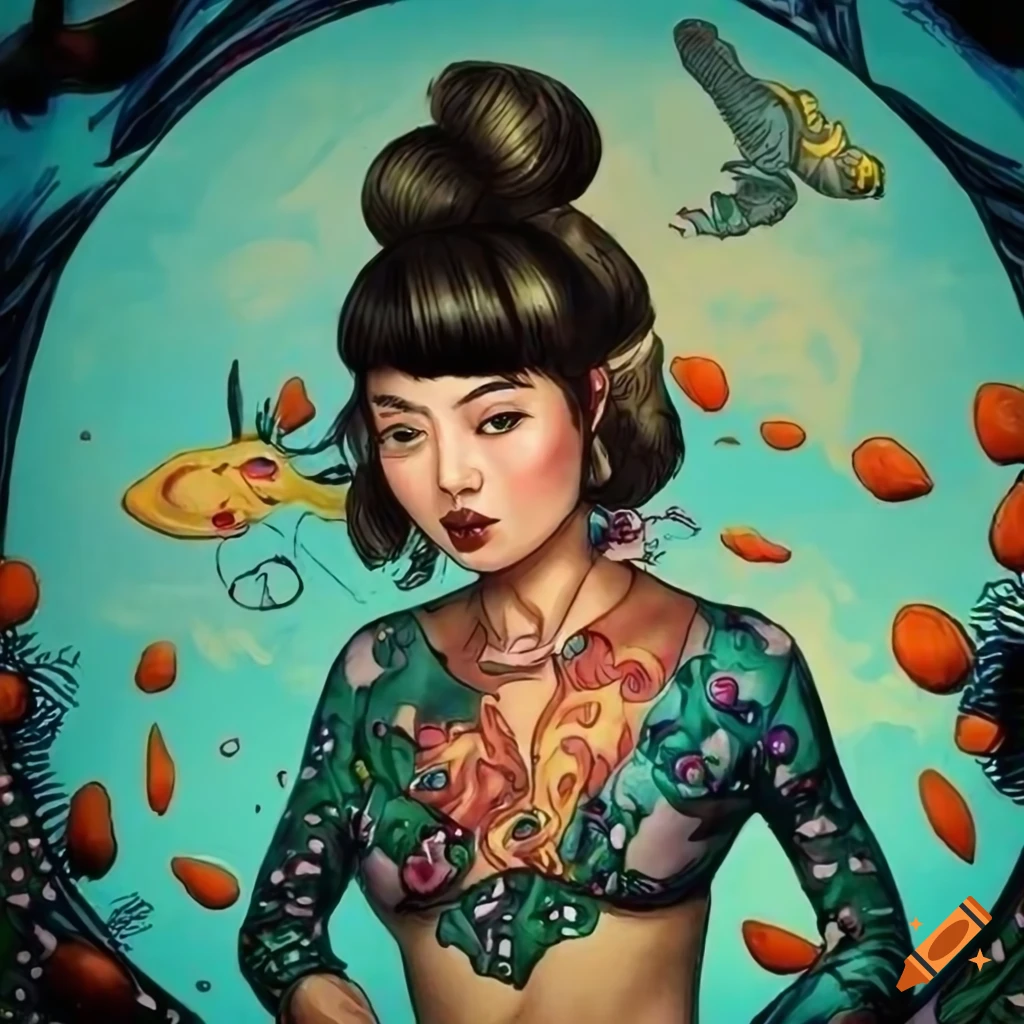 Asian pinup inspired graphic novel illustration from Noir graphic novel by Norman Rockwell