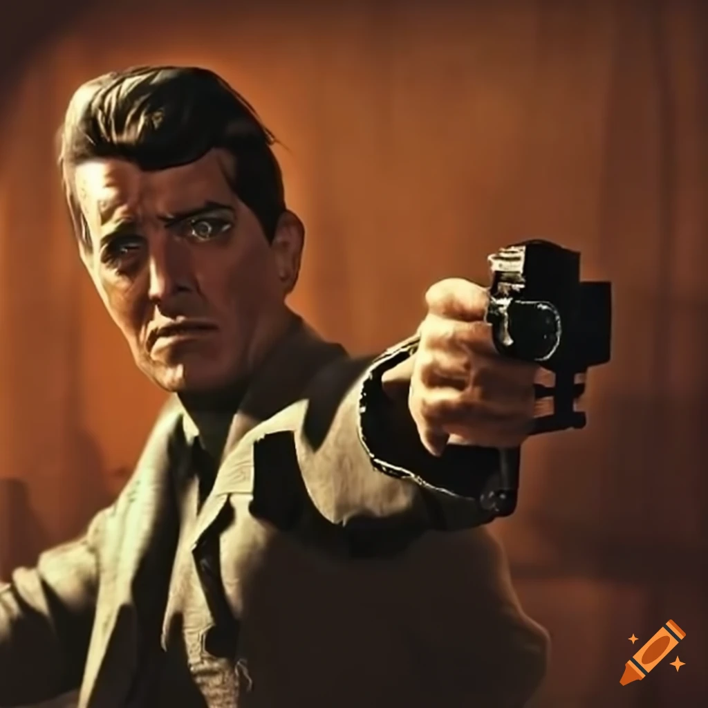 Dean Martin character pointing the Mysterious Magnum from Fallout New Vegas