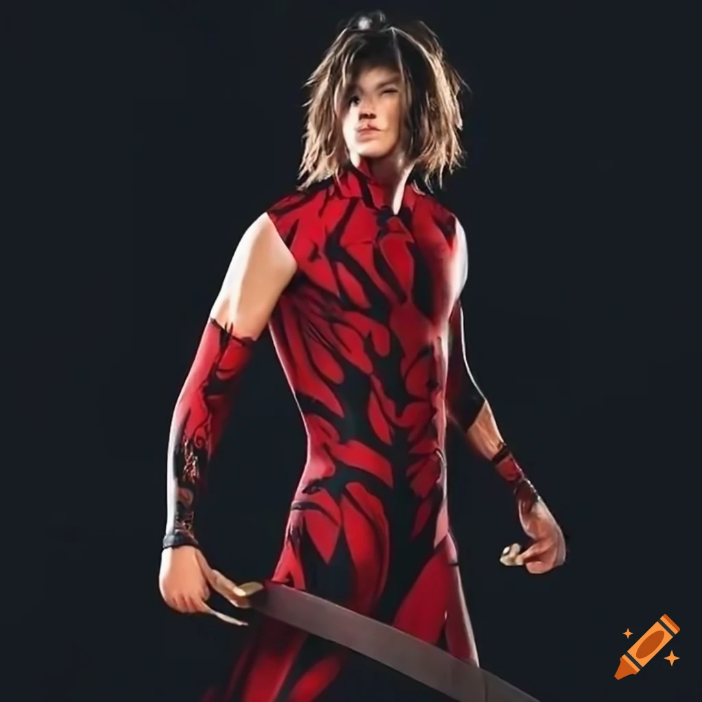 Young male warrior in red, black, and gold spandex suit training on Craiyon