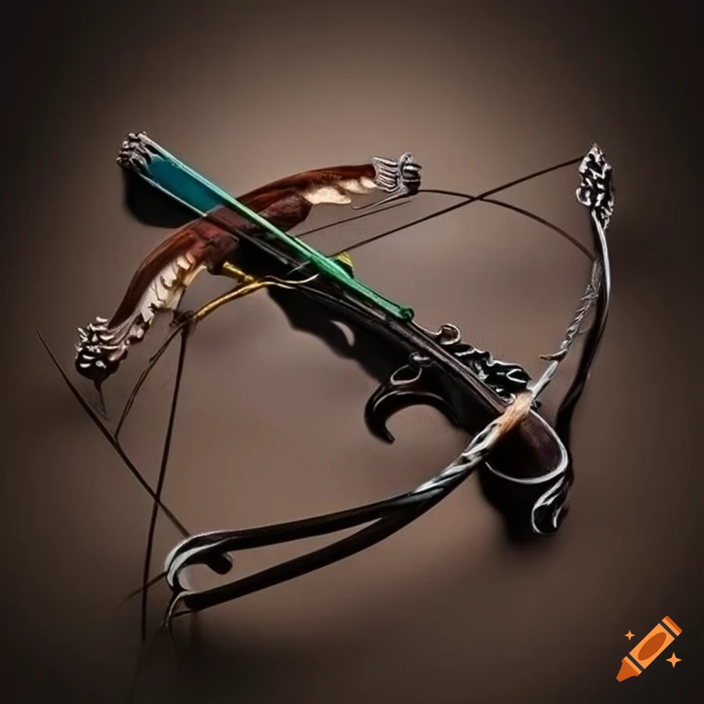 Elegant ebony crossbow with intricate carvings and colorful feathers on ...