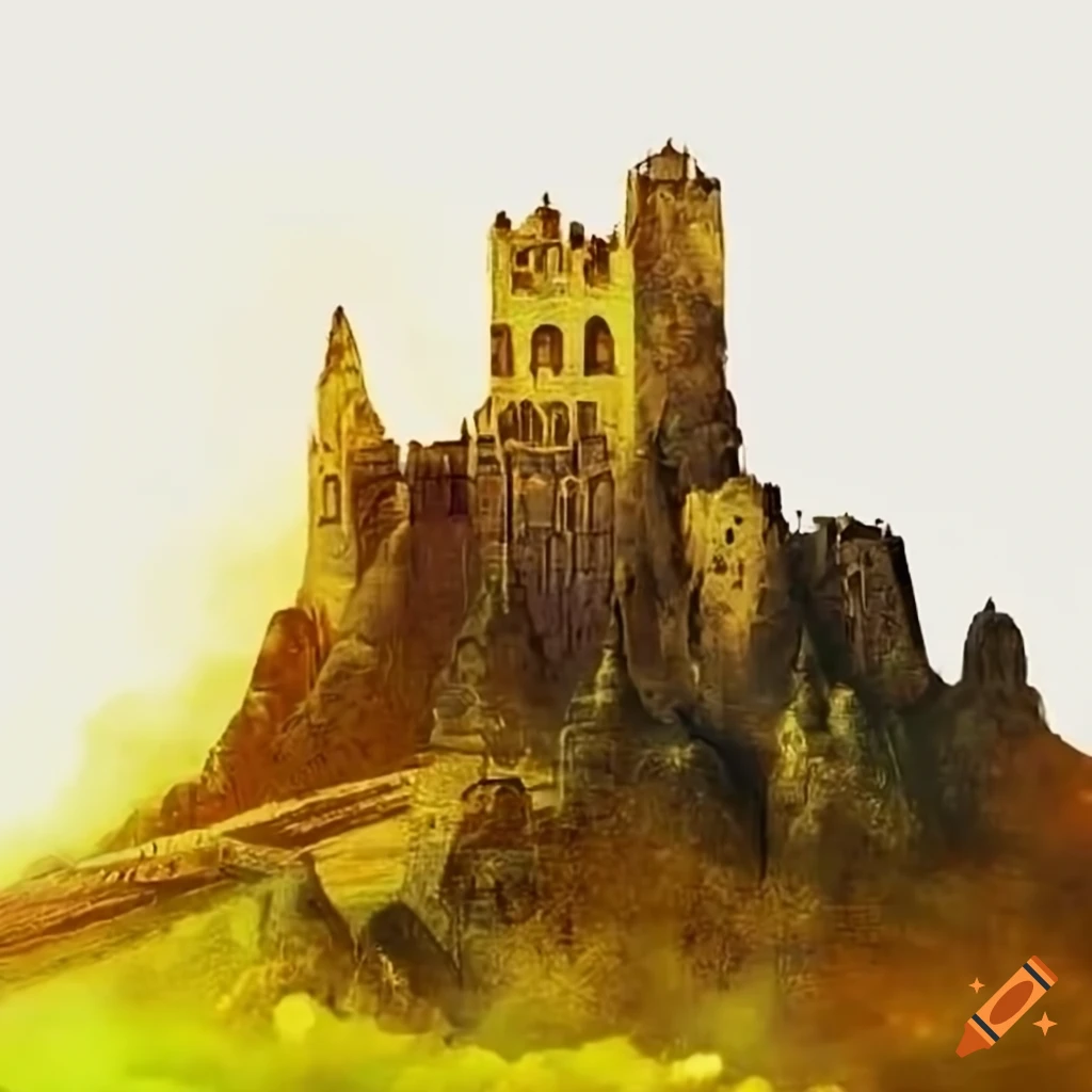 Fantasy ruins of a castle in the mountains with a bridge on Craiyon