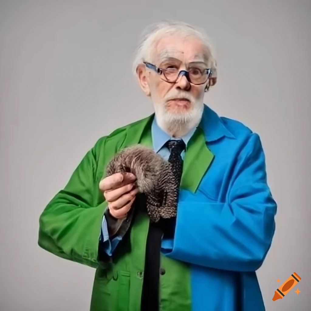Eccentric old scientist in a black coat and blue shirt with green pants and a white mustache