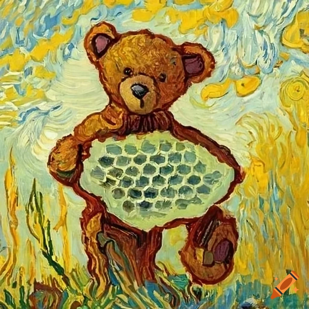 Cute teddy bear with honeycomb in a sunny meadow by Vincent Van Gogh