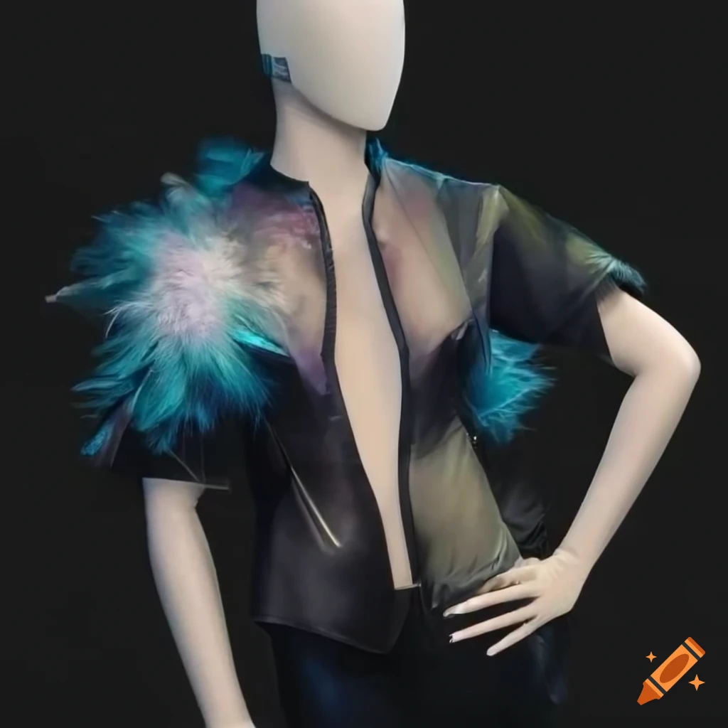 Mannequin wearing a transparent jacket with iridescent feathers in neo