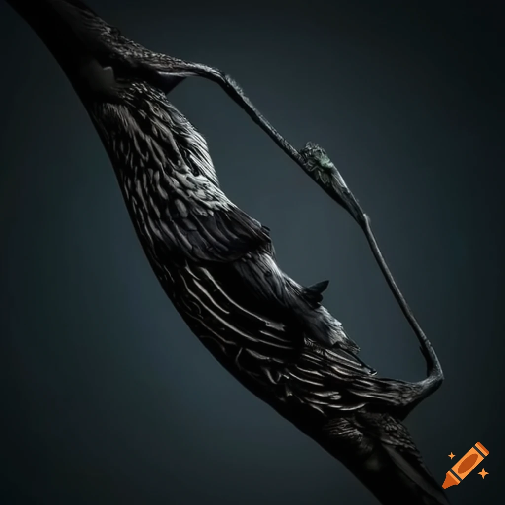 Stunning black longbow adorned with raven engravings on Craiyon