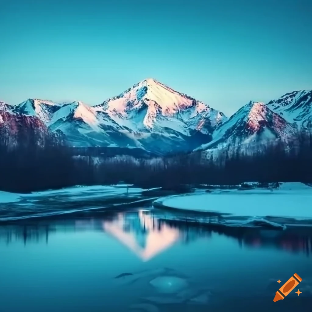 Scenic view of snowcapped mountains, frozen rivers, and green meadows