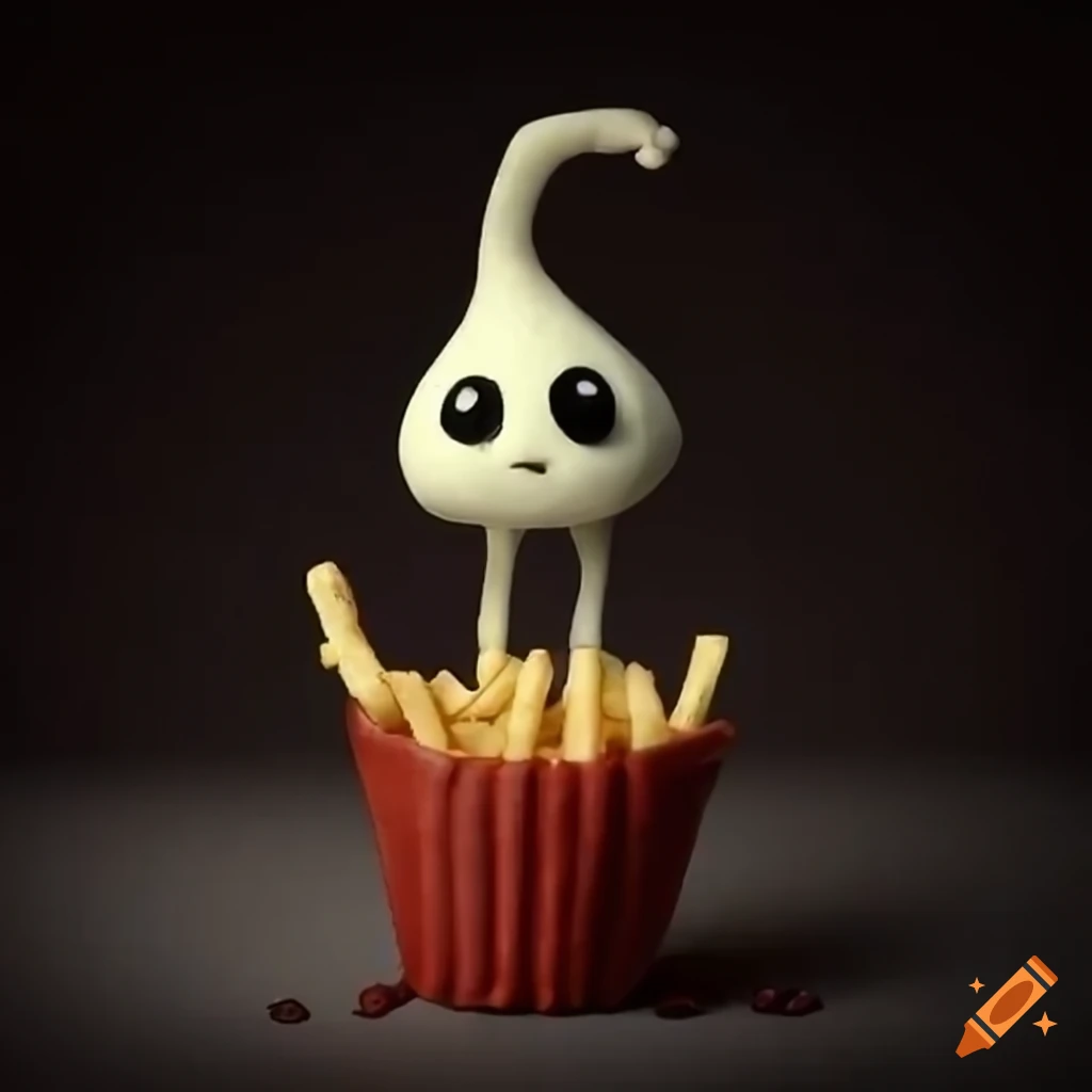 Friendly ghost sharing a basket of french fries with black pepper