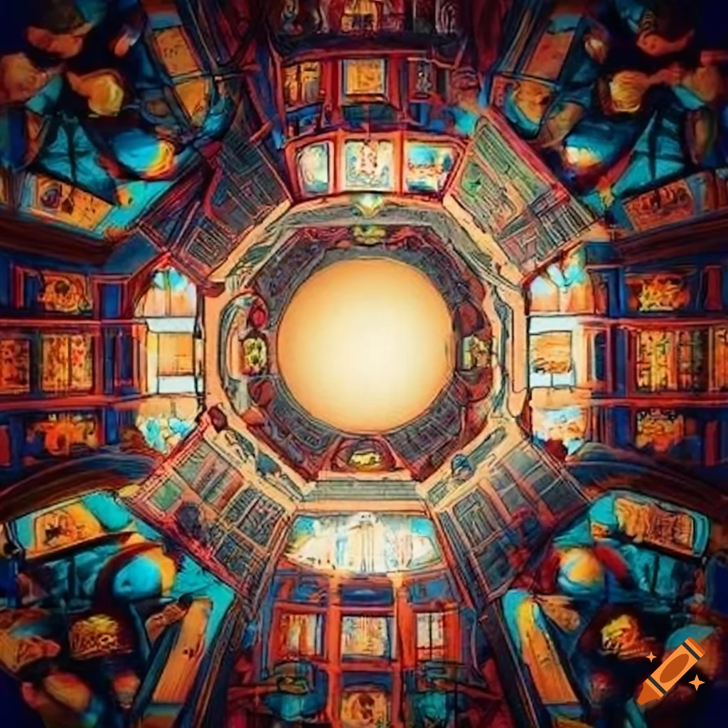 Diverse group of people gathered around a large, illuminated book or a globe, engrossed in their studies