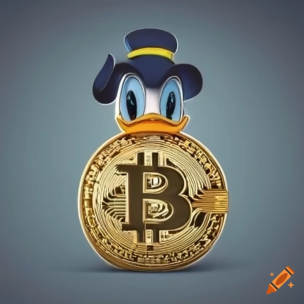 Realistic Donald Duck cap with Bitcoin logo and many coins in a treasury  cell on Craiyon