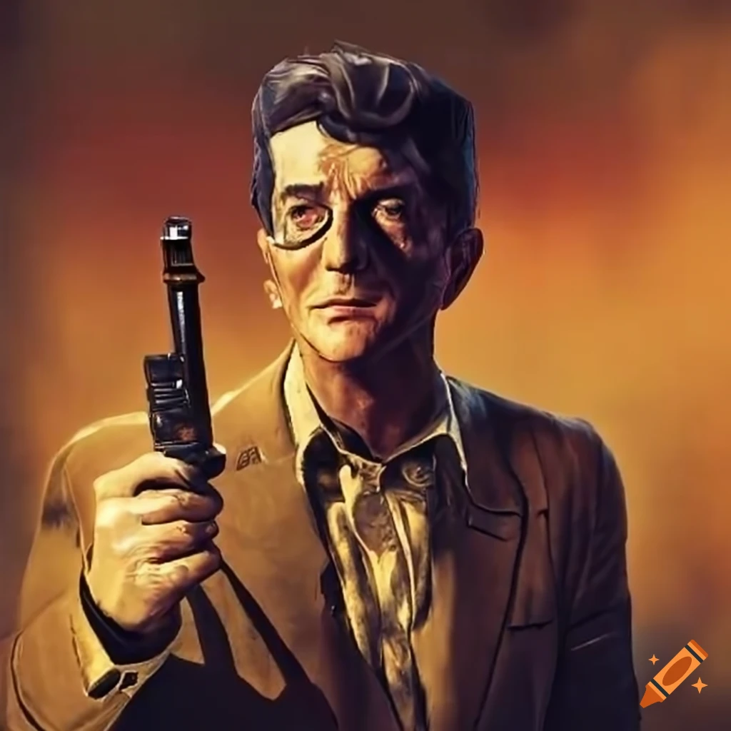 Dean Martin character pointing the Mysterious Magnum from Fallout New Vegas