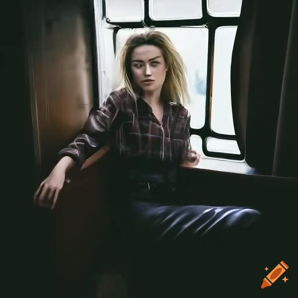 Actress sitting in a caravan trailer looking out of window