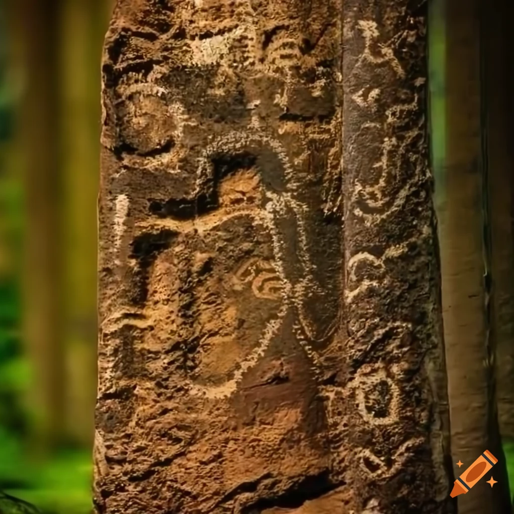 Ancient moss-covered petroglyphs in a spruce forest depicting Camunnian warriors and inscriptions in ancient language