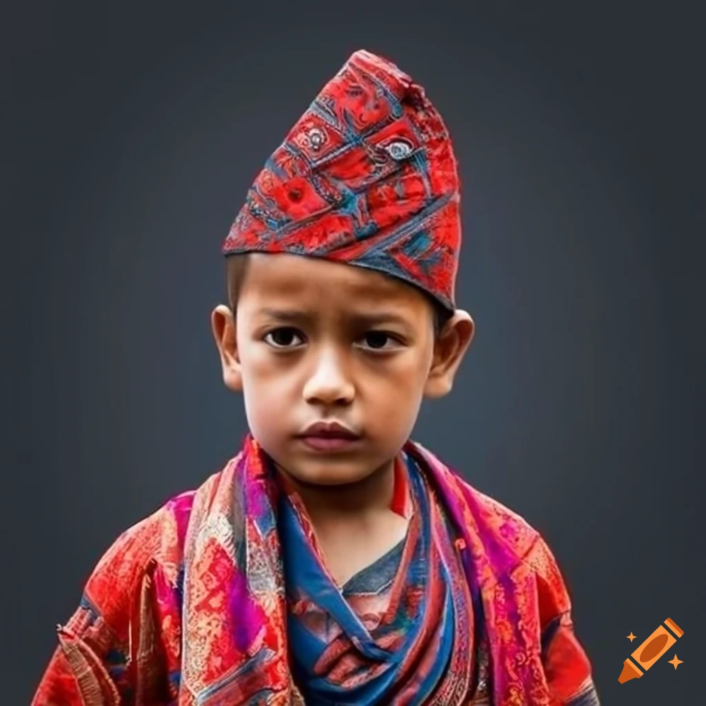 Nepali boy in cultural dress holding a flag with a transparent black background